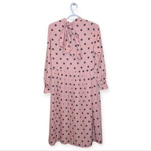 Polka Dot Dress Ascot Neck Tie Bow Pink Black Full Button Down Midi Length Small